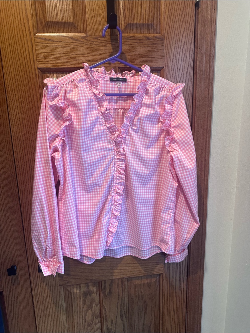 Pink Gingham Ruffled Button Down Tommy Hilfiger Womens Sz Large 100% cotton